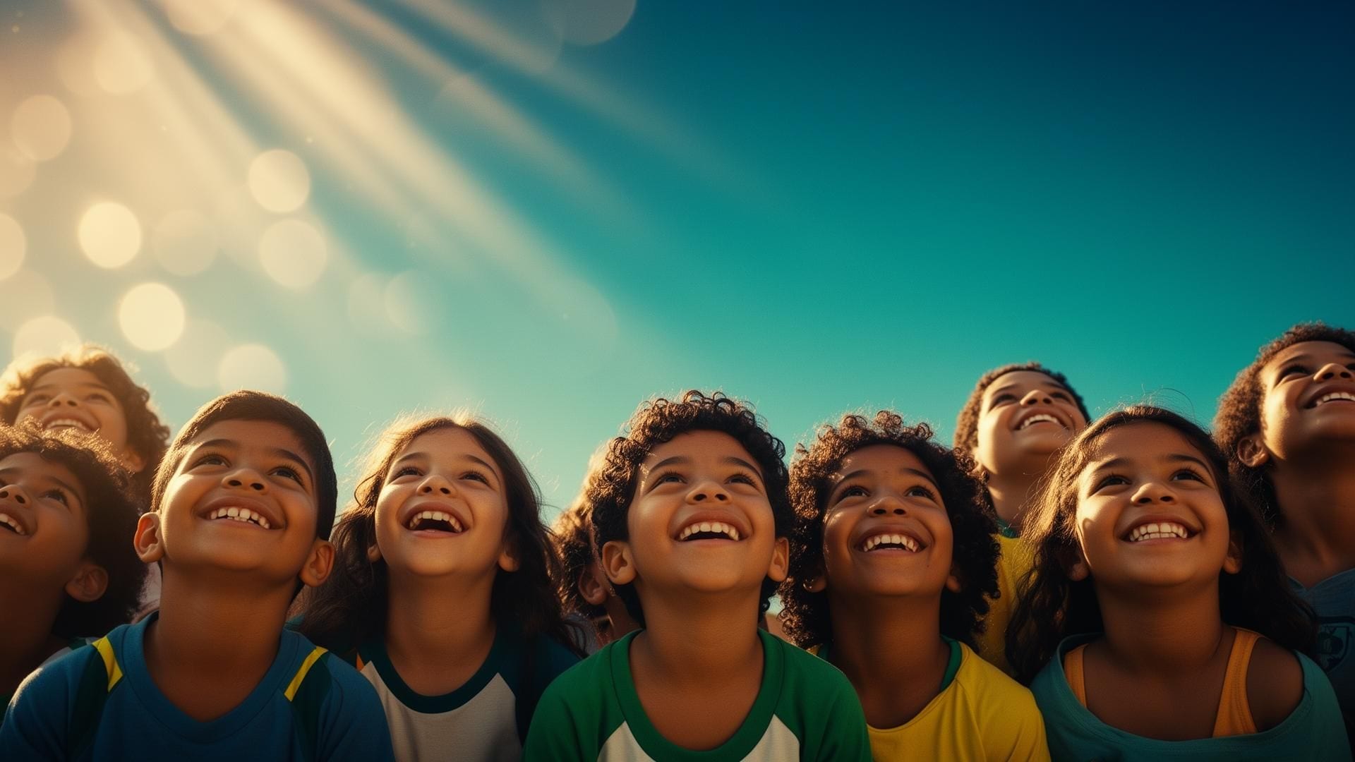 Crianças e jovens olhando para o céu, inspirados pela ciência e pela tecnologia